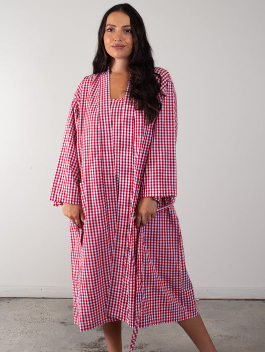 Red Check Dressing Gown/ Kimono Robe