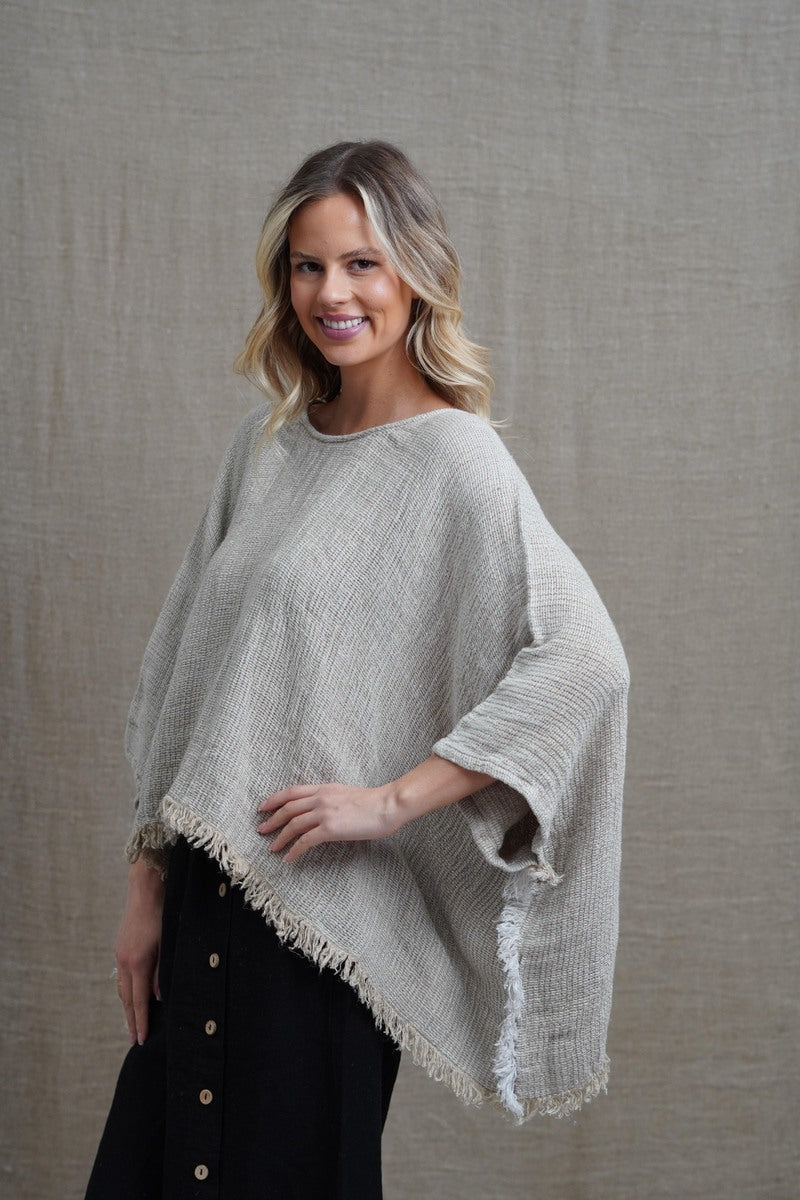 Liza Fringed Poncho Top Bone