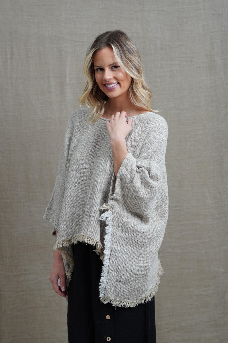 Liza Fringed Poncho Top Bone