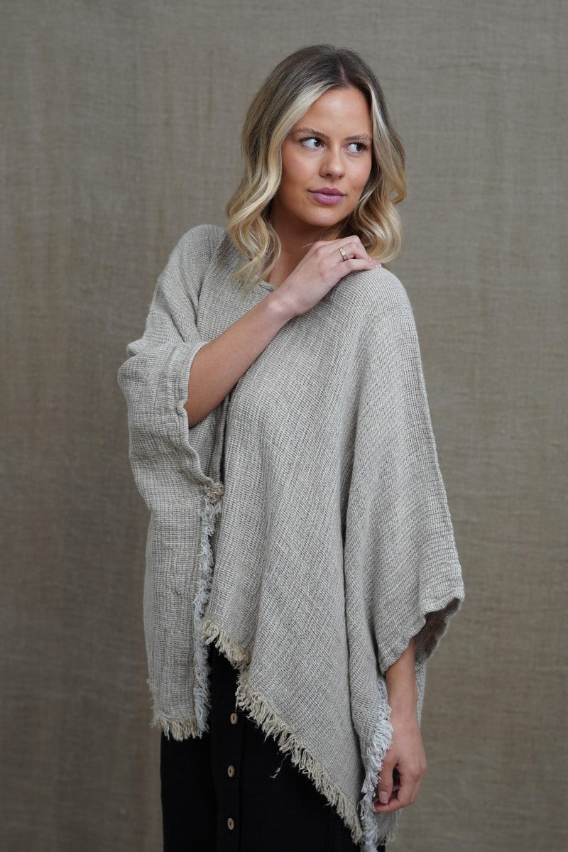 Liza Fringed Poncho Top Bone