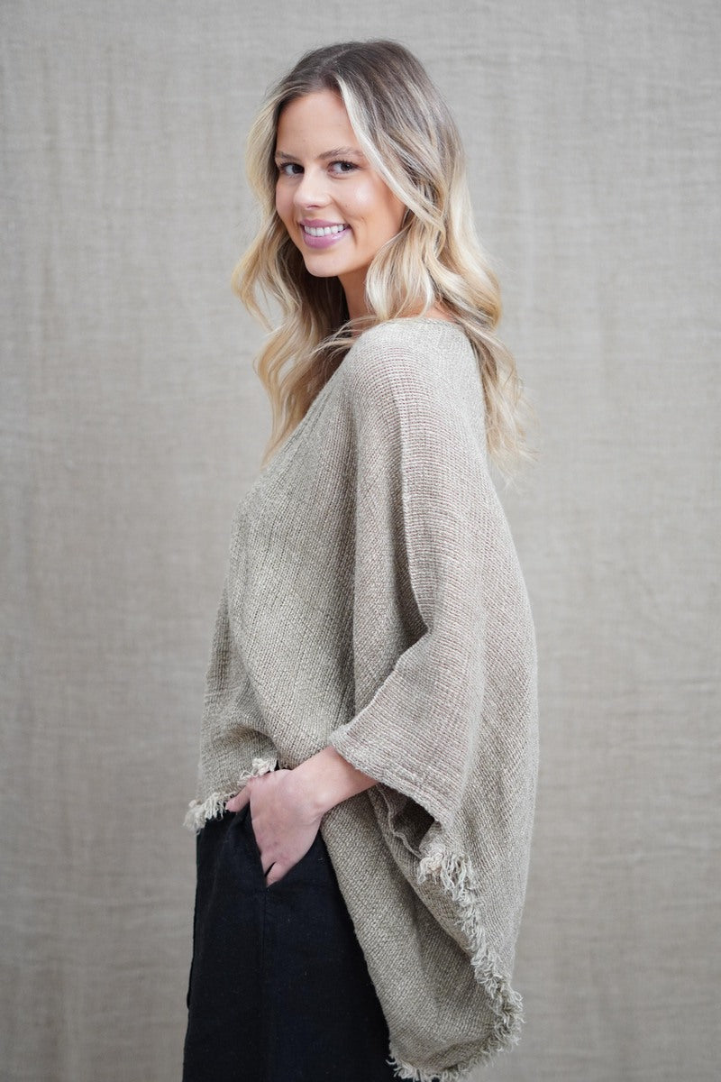 Liza Fringed Poncho Top Olive