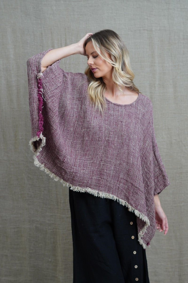 Liza Fringed Poncho Top Burgundy