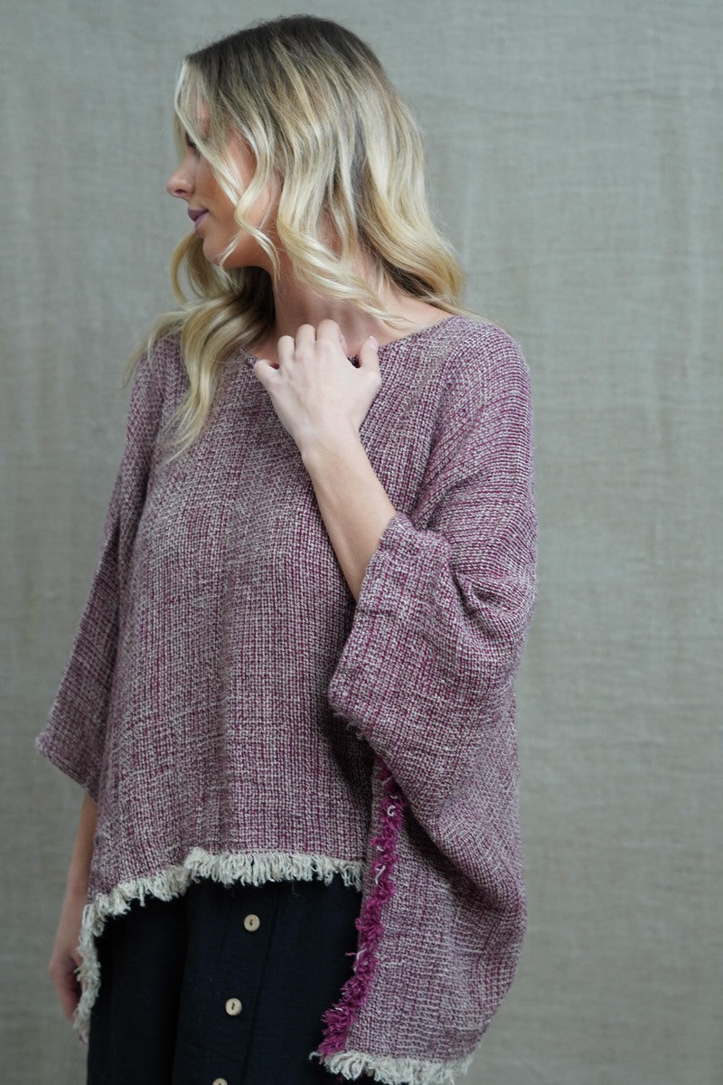 Liza Fringed Poncho Top Burgundy