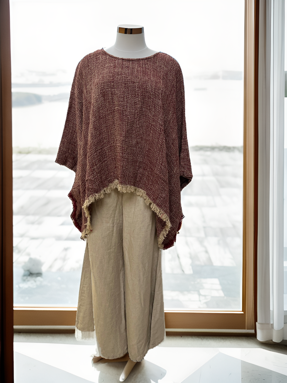 Liza Fringed Poncho Top Burgundy