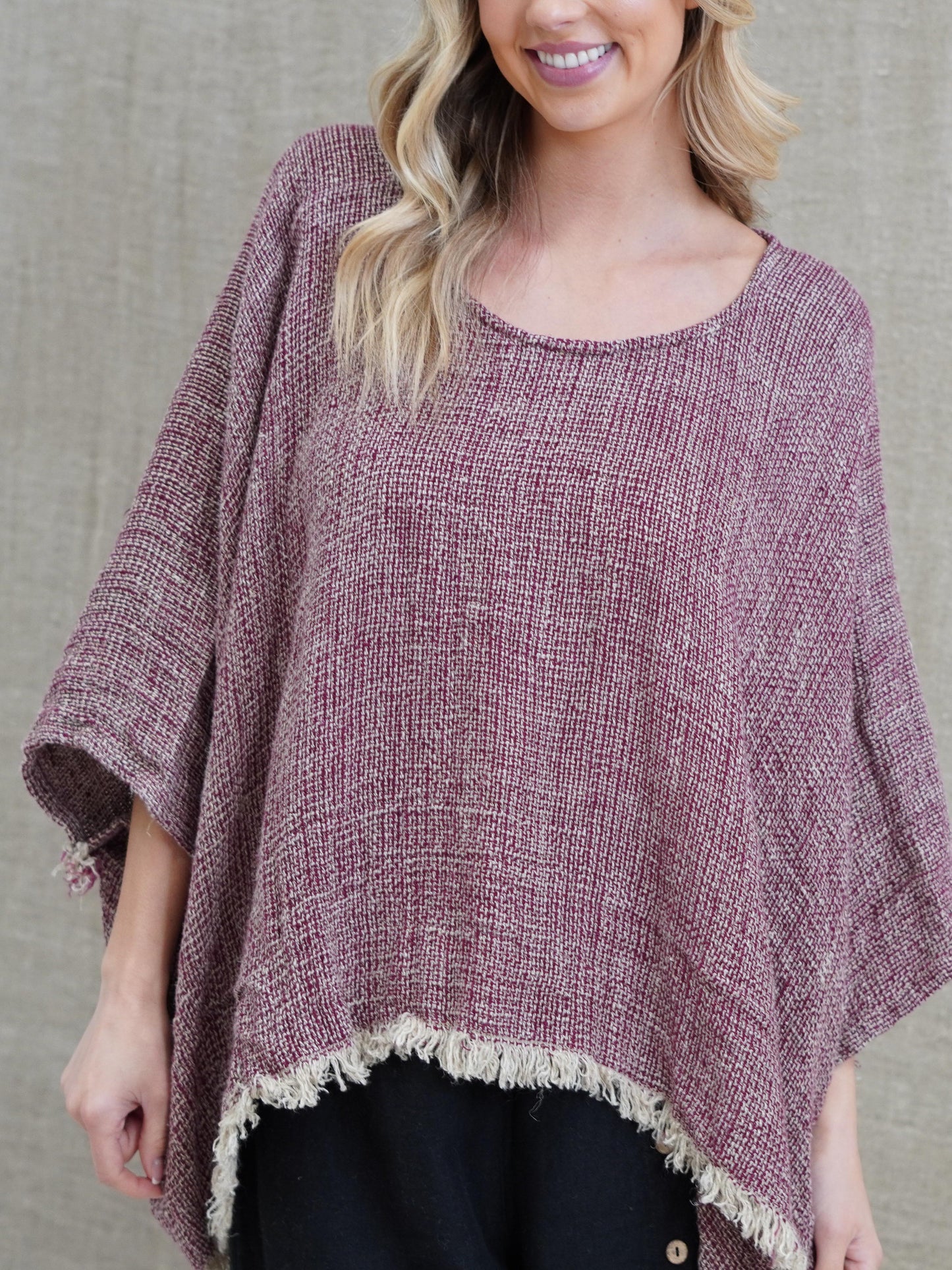 Liza Fringed Poncho Top Burgundy