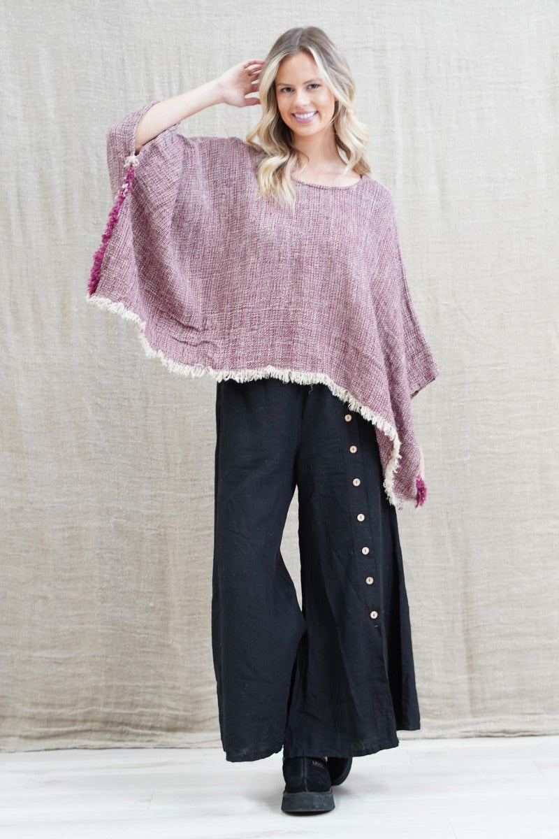 Liza Fringed Poncho Top Burgundy