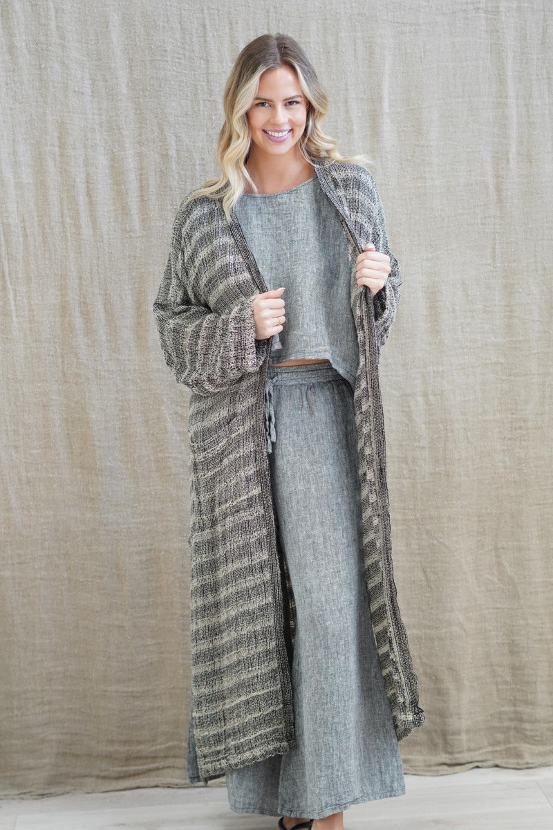 Audrey Long Linen Cardigan Spaced Black & Nat