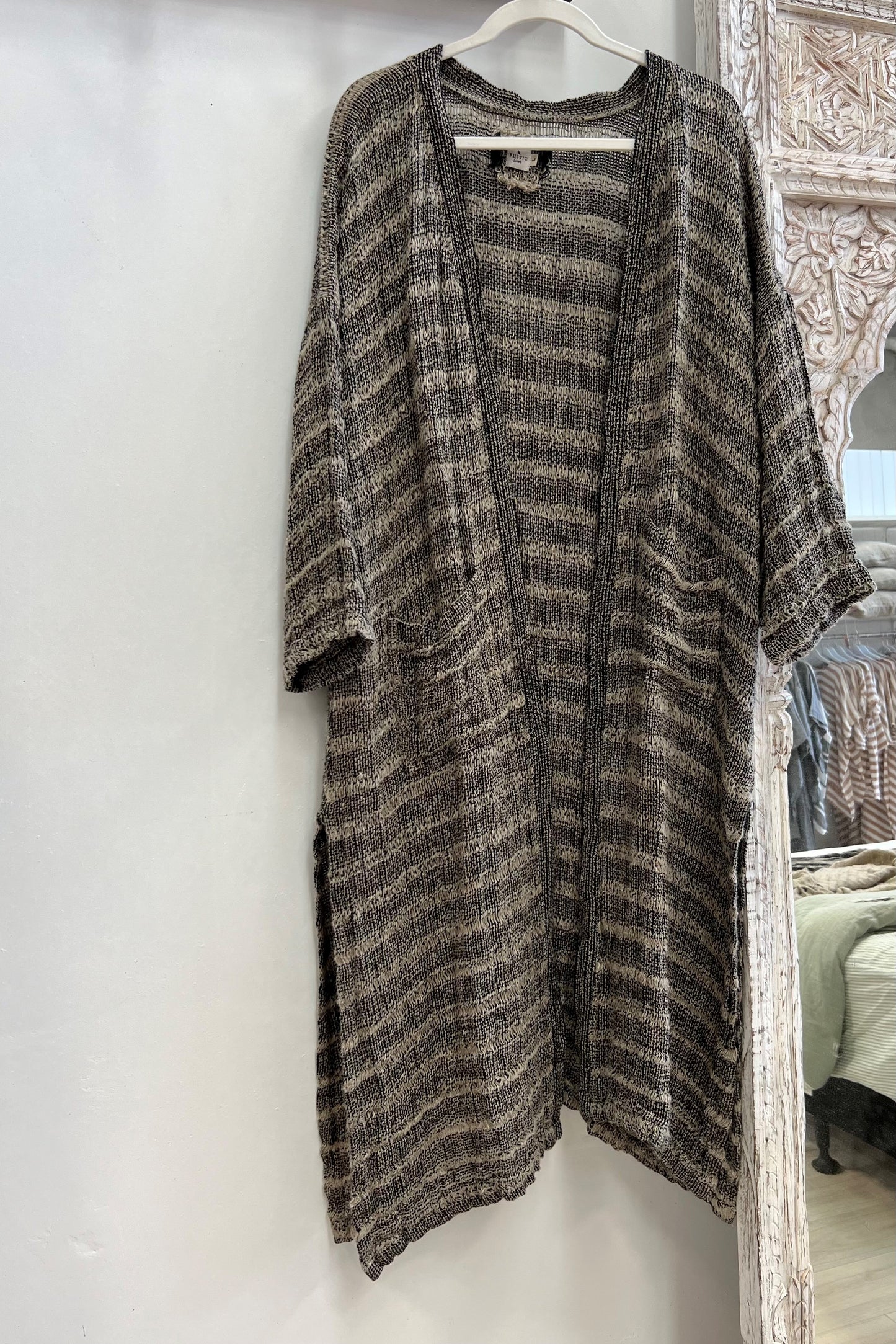 Audrey Long Linen Cardigan Spaced Black & Nat