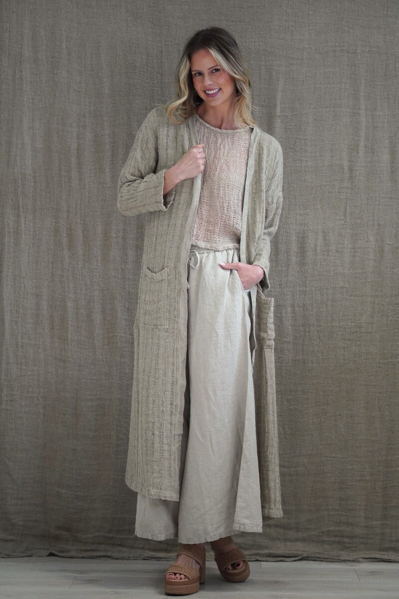 Audrey Long Linen Cardigan Natural Spaced Vertical