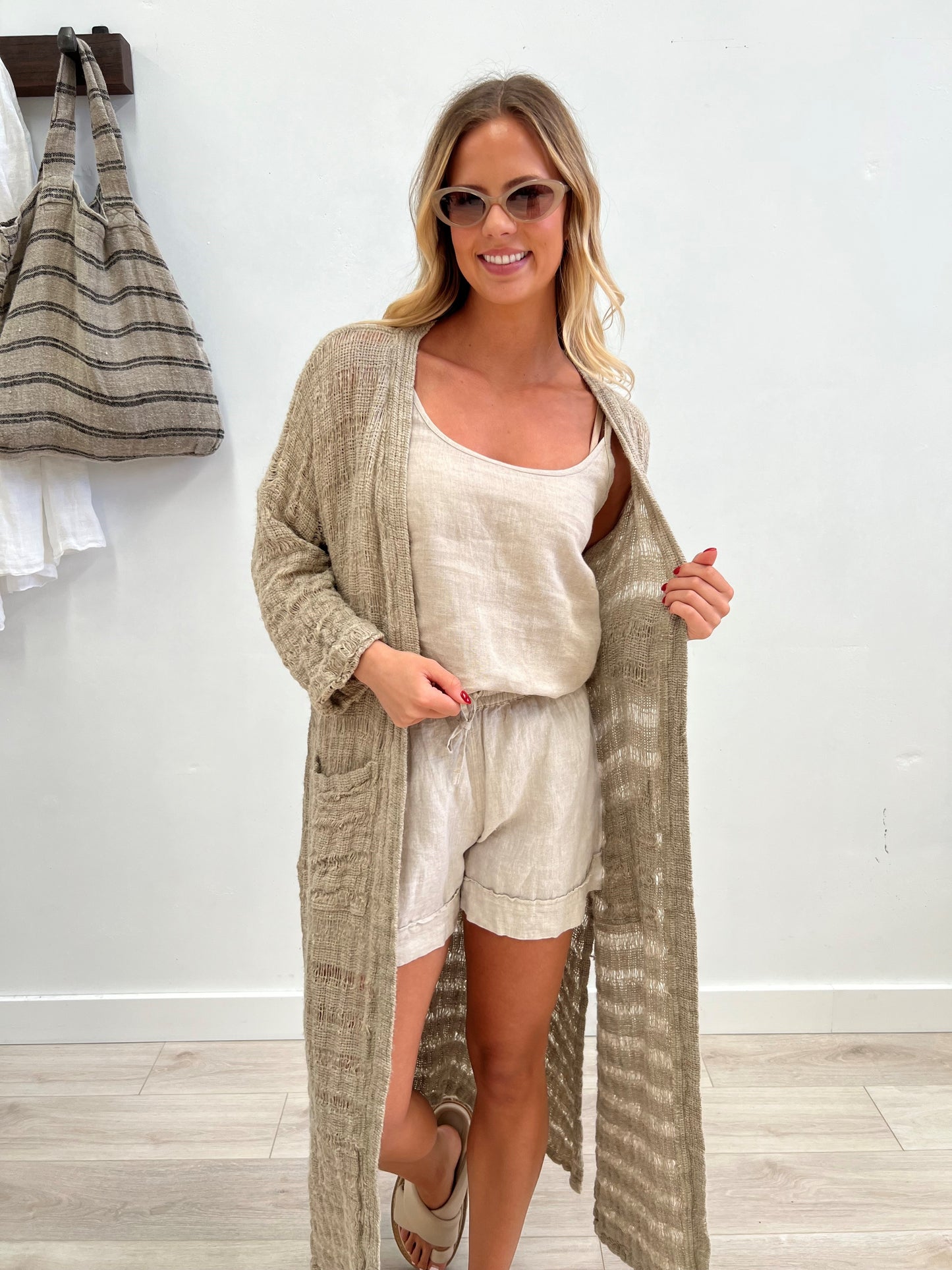 Audrey Long Cardigan In Natural Spaced Linen