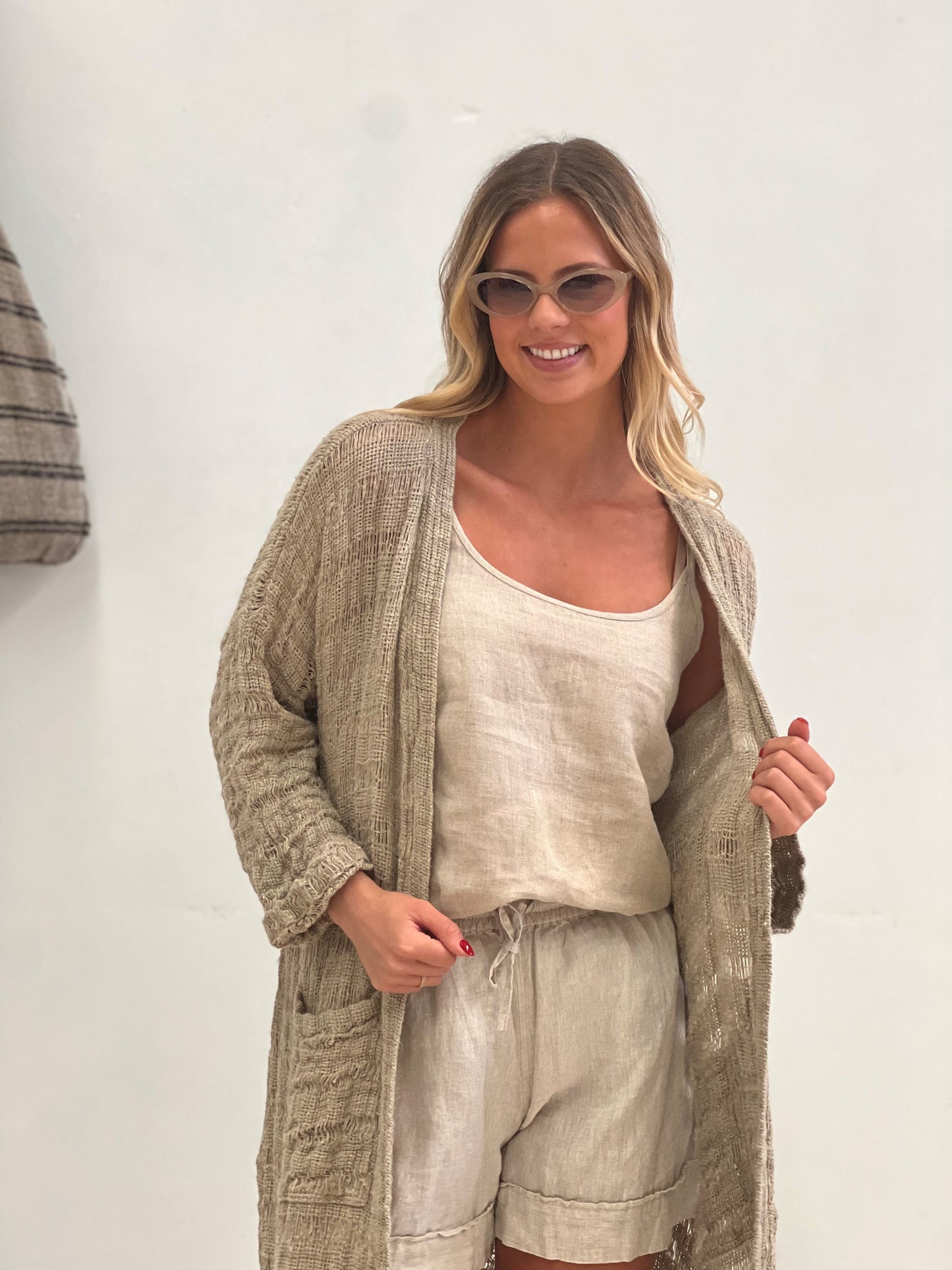 Audrey Long Cardigan In Natural Spaced Linen