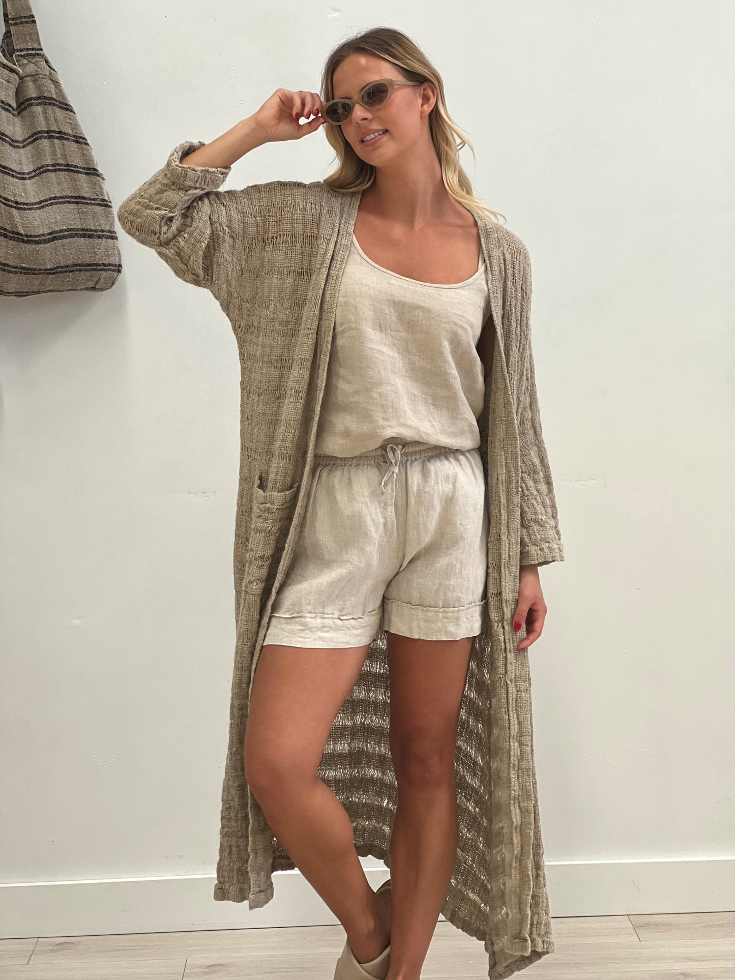 Audrey Long Cardigan In Natural Spaced Linen