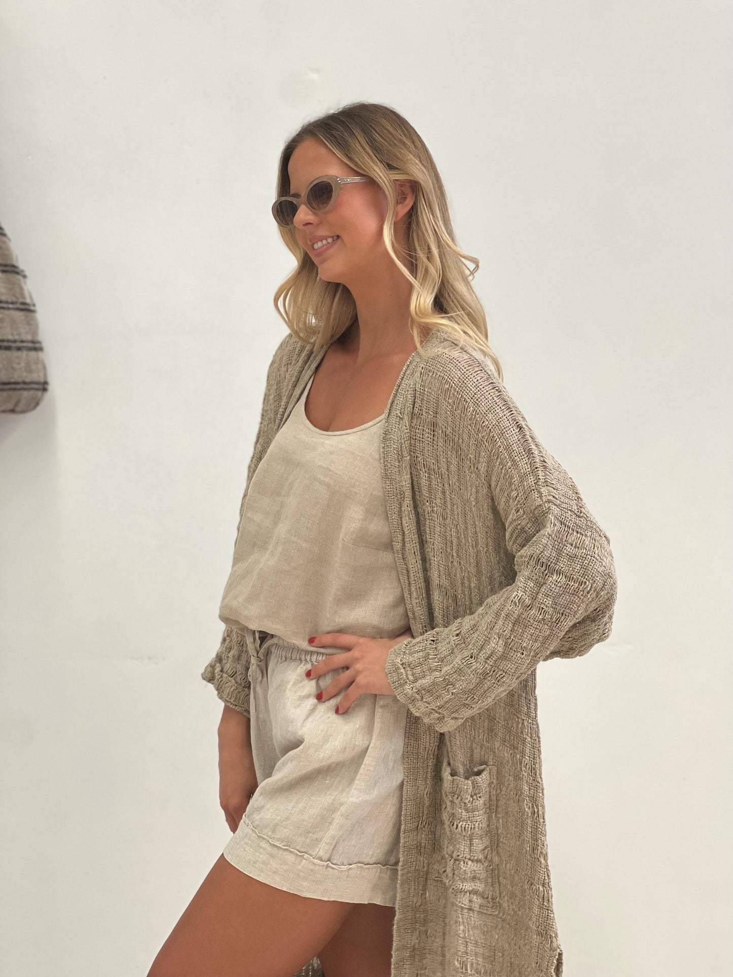 Audrey Long Cardigan In Natural Spaced Linen