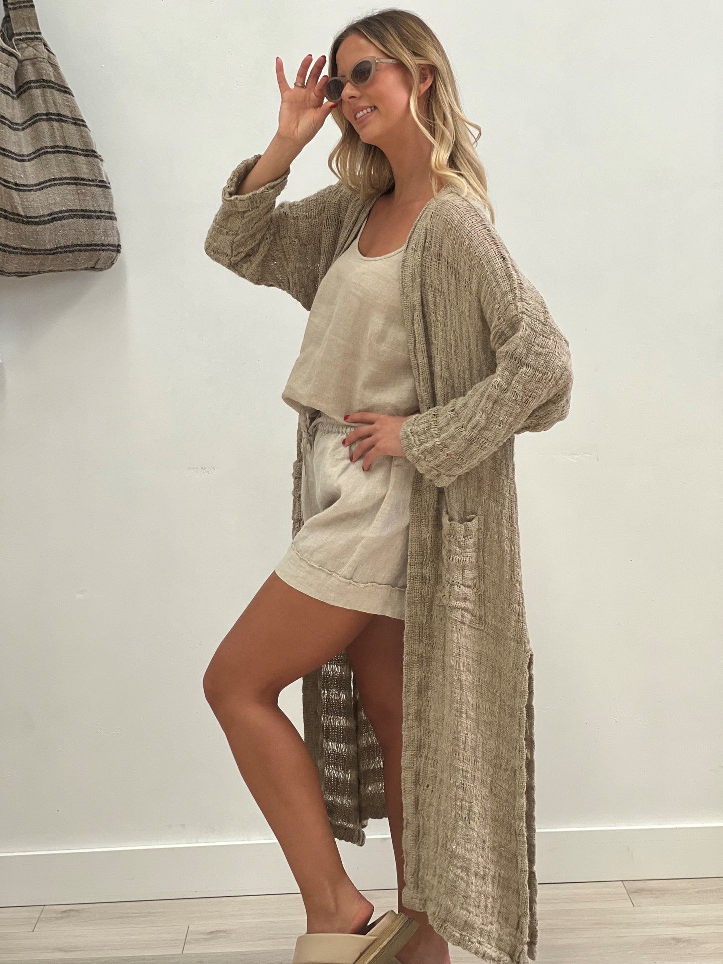Audrey Long Cardigan In Natural Spaced Linen