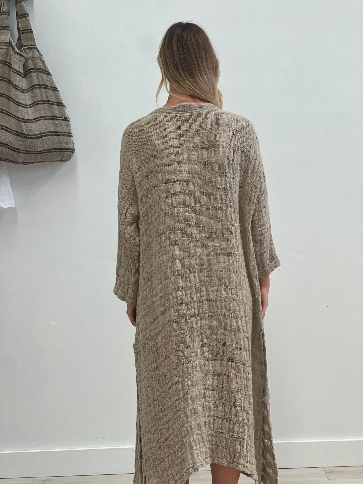 Audrey Long Cardigan In Natural Spaced Linen