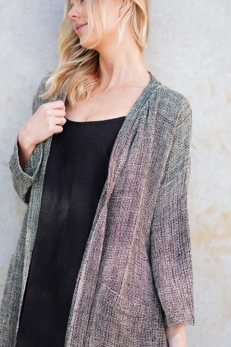 Audrey Long Linen Cardigan Black & Natural