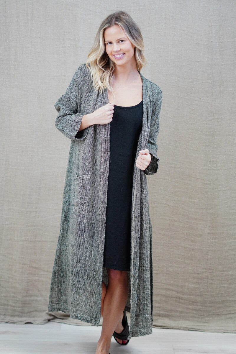 Audrey Long Linen Cardigan Black & Natural