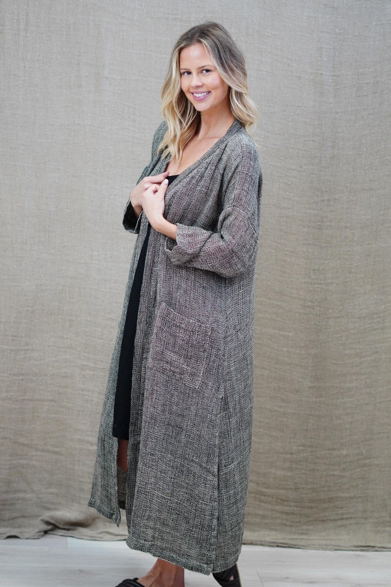 Audrey Long Linen Cardigan Black & Natural