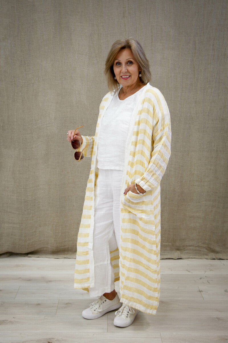 Audrey Long Cardigan Lemon & White Stripes