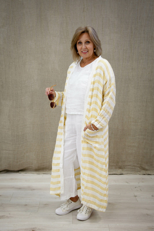 Audrey Long Cardigan Lemon & White Stripes