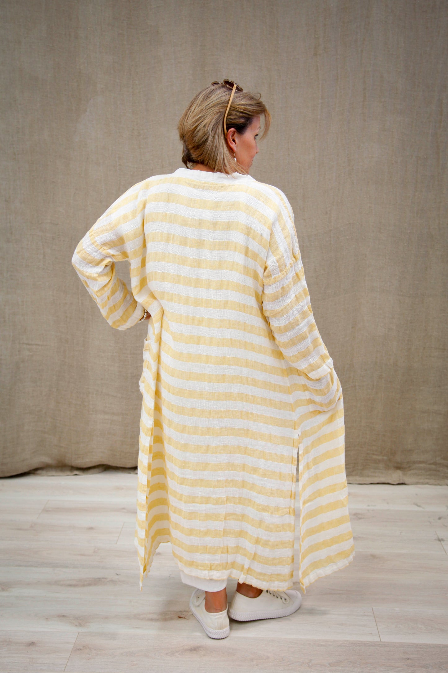Audrey Long Cardigan Lemon & White Stripes