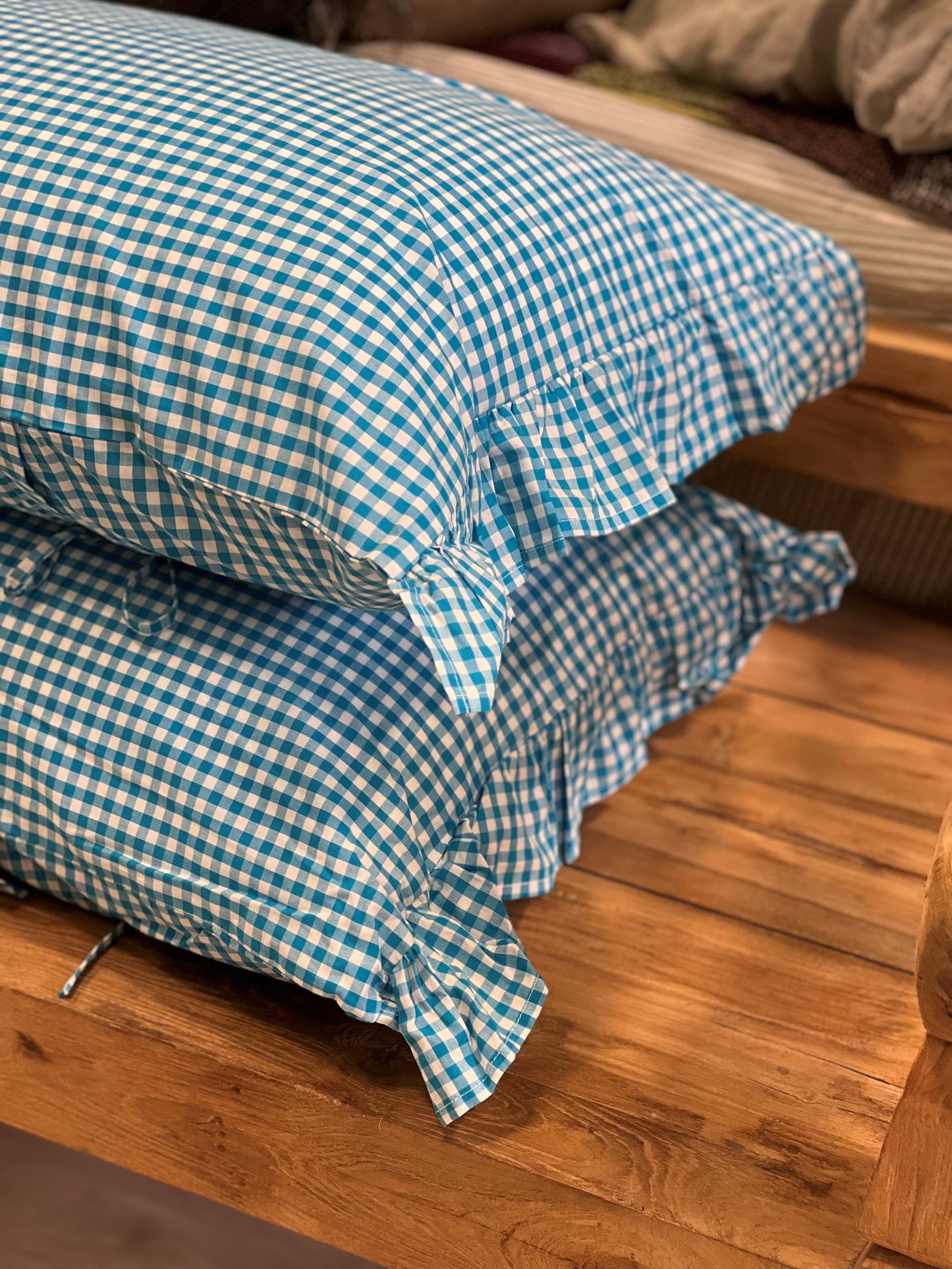 S/2 Turquoise Check Frilled Cotton Pillowcases