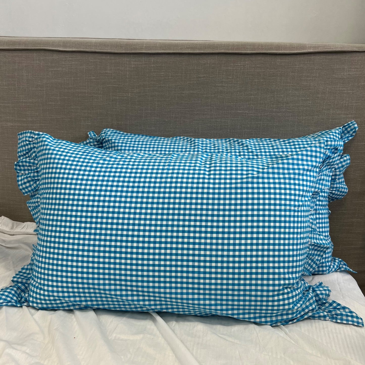 S/2 Turquoise Check Frilled Cotton Pillowcases