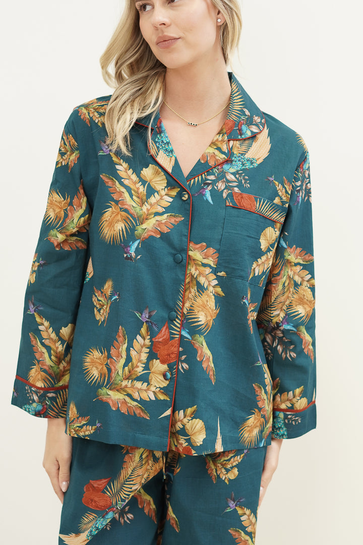 Autumn Leaf Petrol Blue Long Pj Set