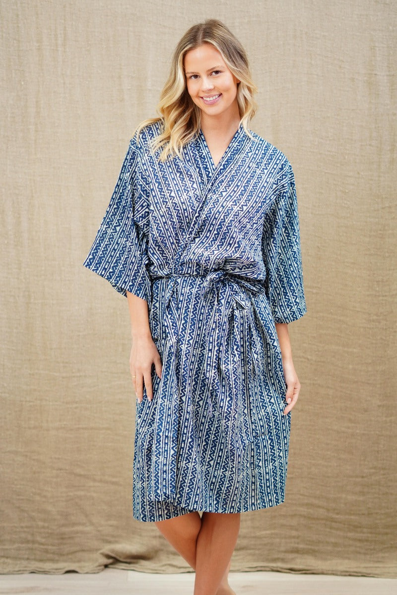 Indigo Stripe Half Sleeves Kimono