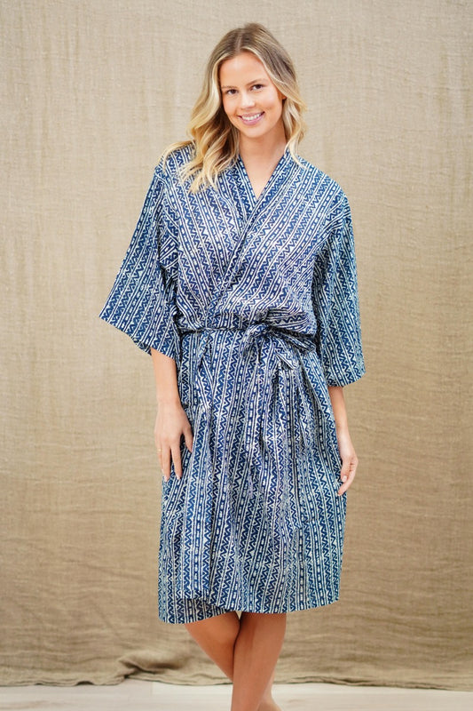 Indigo Stripe Half Sleeves Kimono