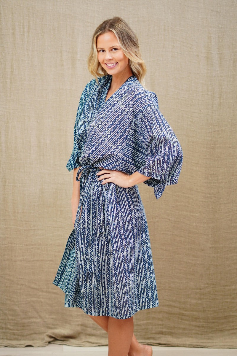 Indigo Stripe Half Sleeves Kimono