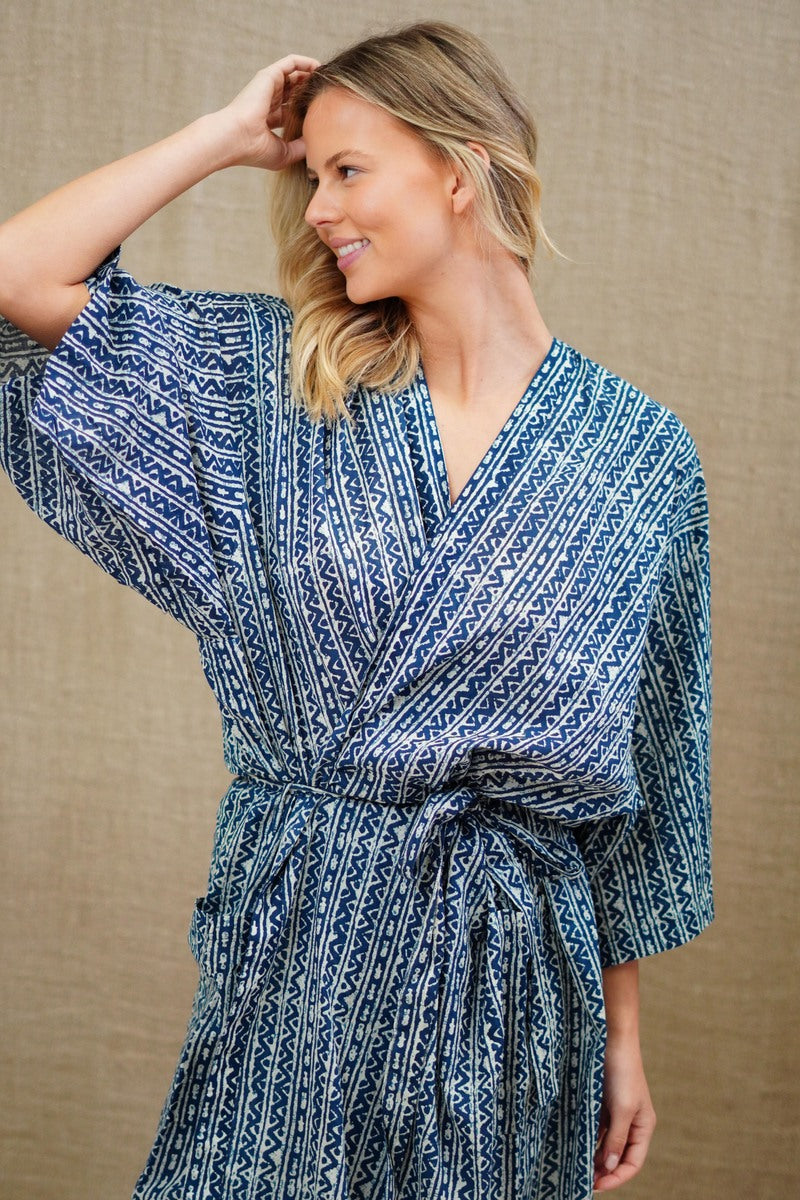 Indigo Stripe Half Sleeves Kimono