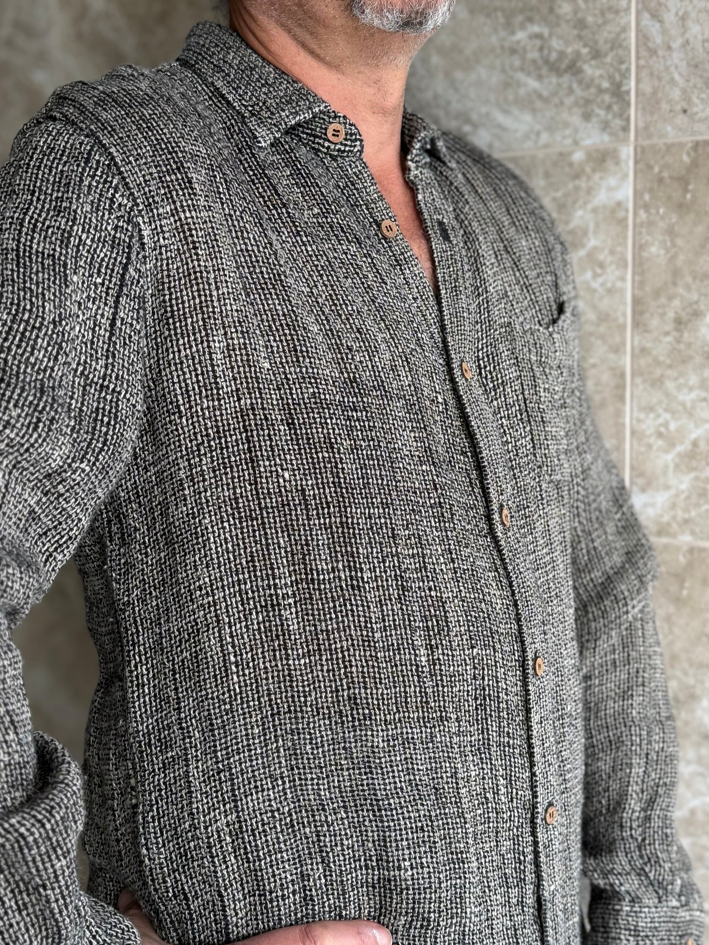 Mark Long Sleeve Shirt Black & Natural Woven