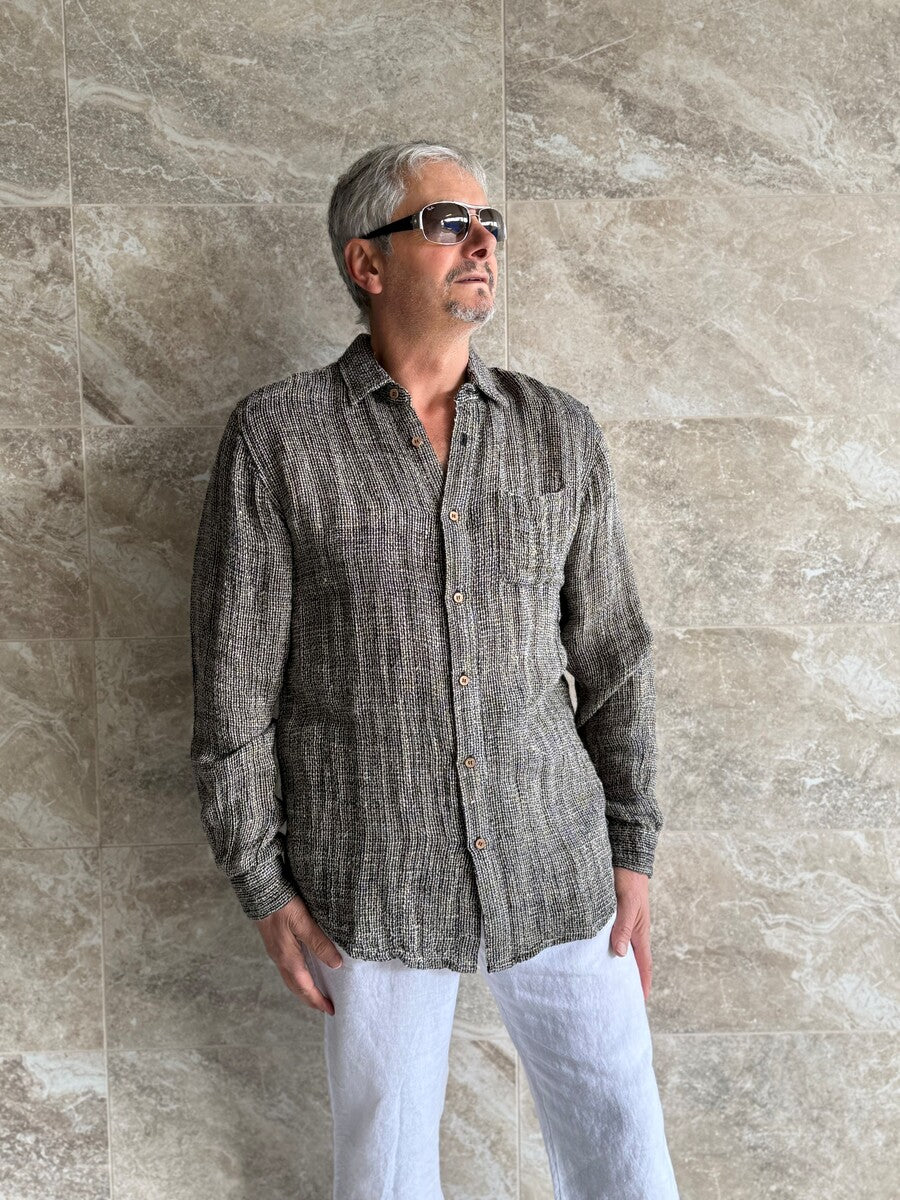 Mark Long Sleeve Shirt Black & Natural Woven