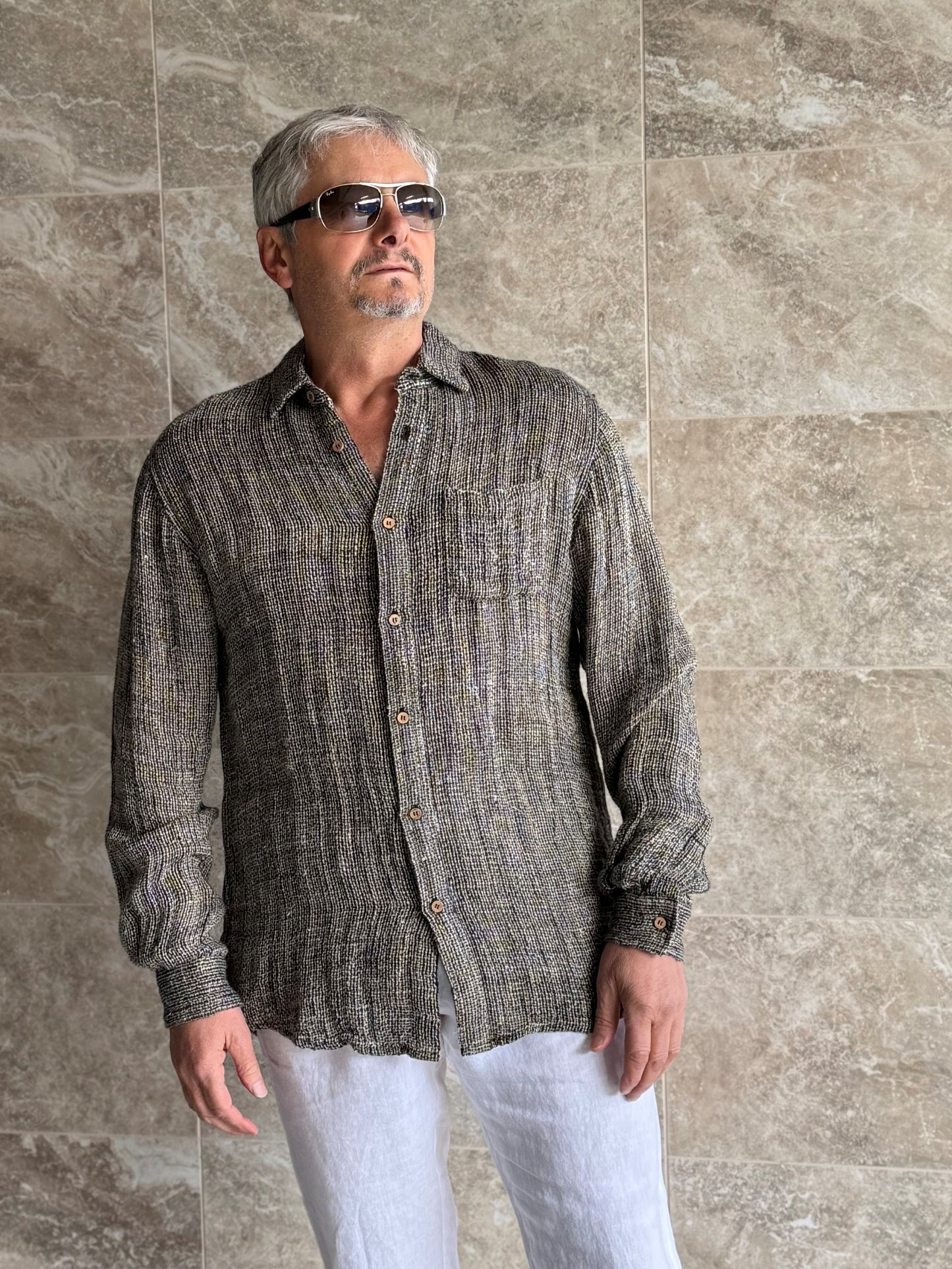 Mark Long Sleeve Shirt Black & Natural Woven