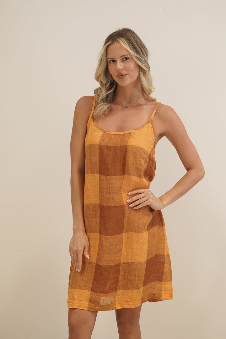 Nicola Slip Linen Dress Spiced Ochre Check