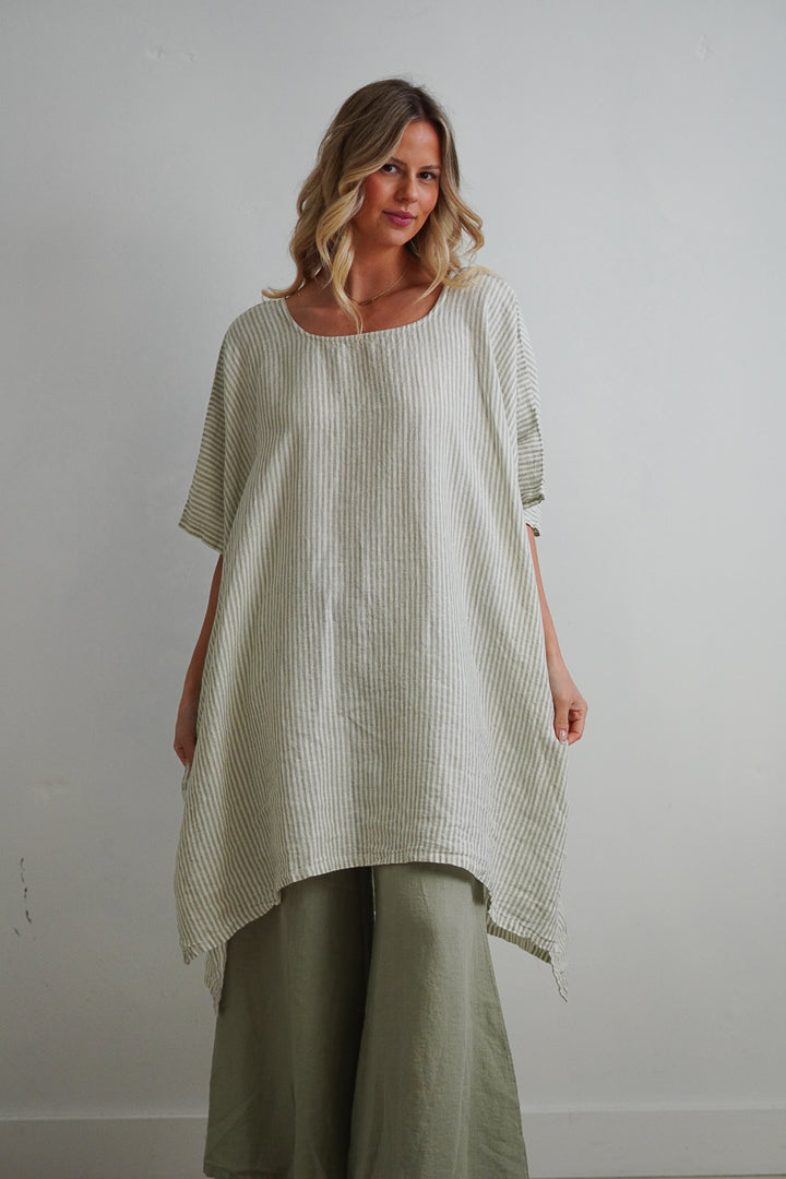 Maria Oversized Short Kaftan Desert Sage Stripe