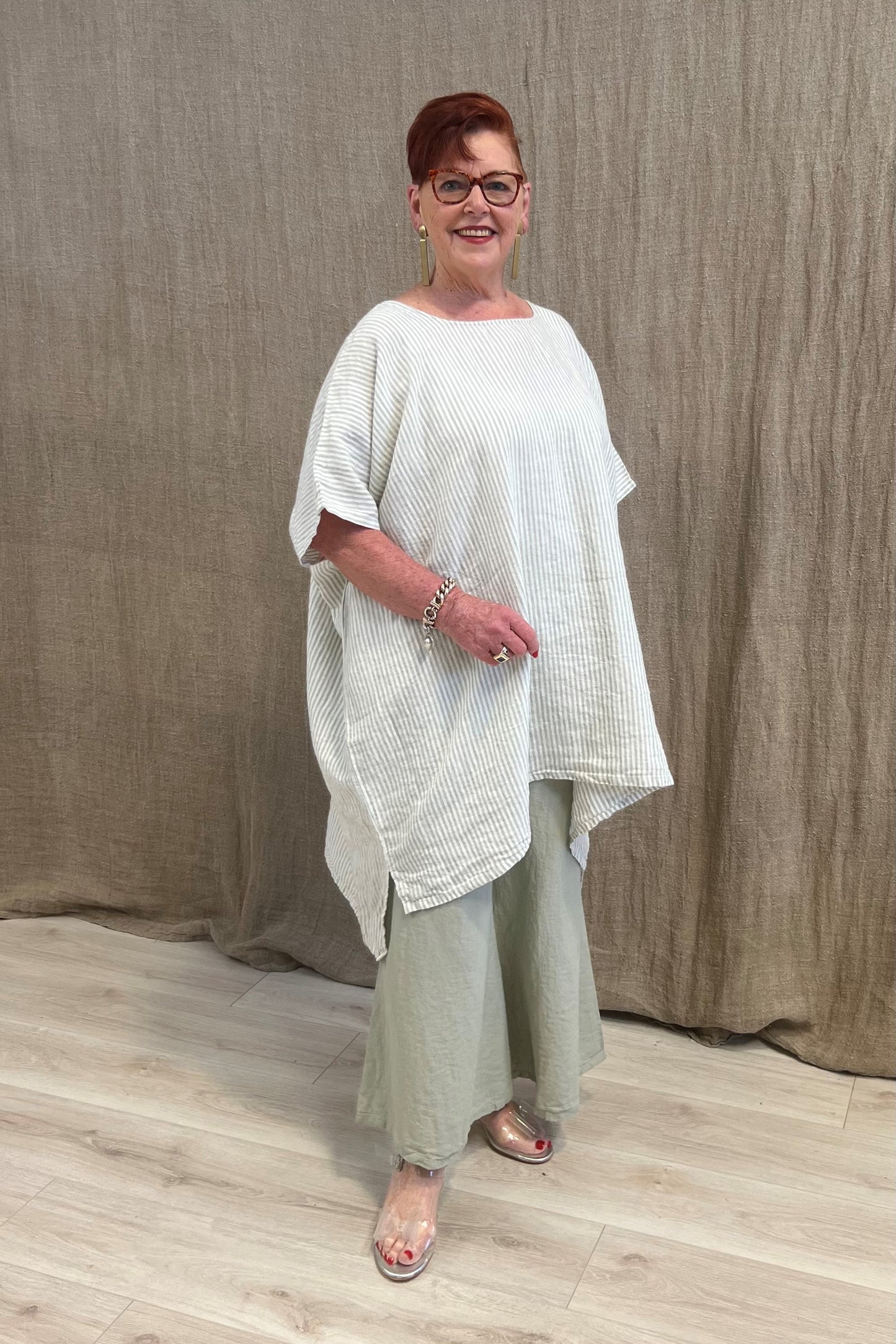 Maria Oversized Short Kaftan Desert Sage Stripe