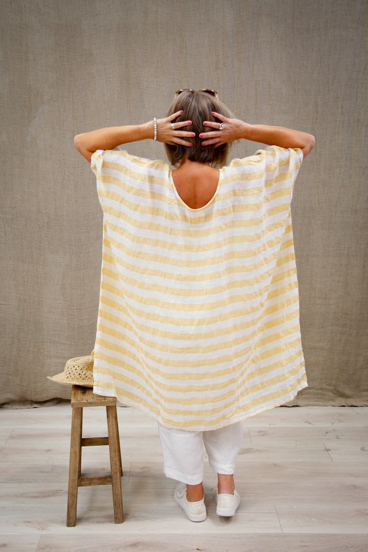 Maria Oversized Short Kaftan Yellow & White Stripes