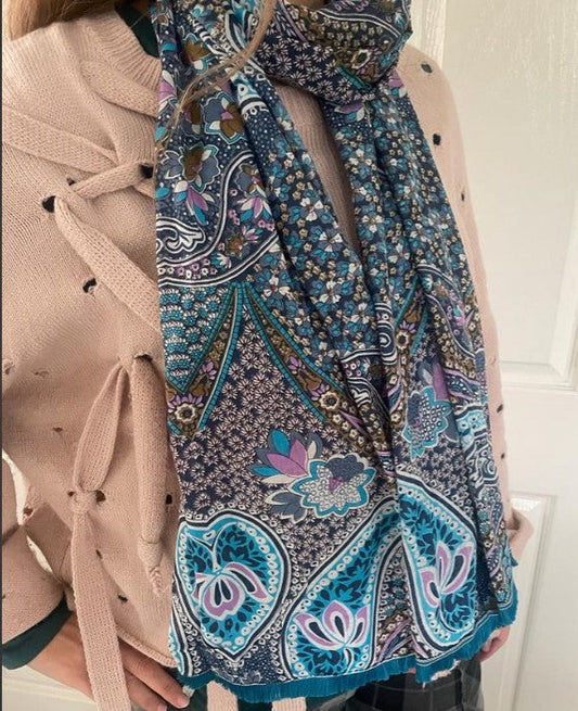 Blue Multi Cotton Paisley Scarf PS1027