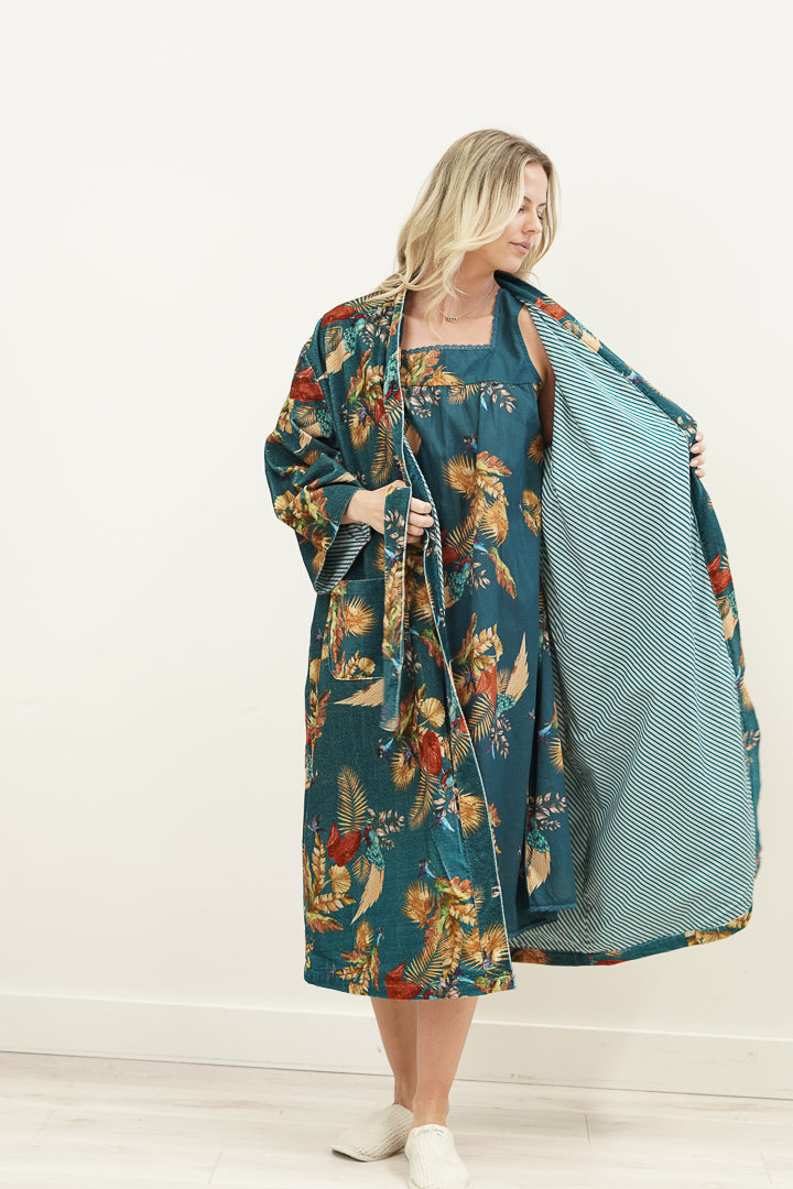 Autumn Leaf Petrol Blue Velvet Robe