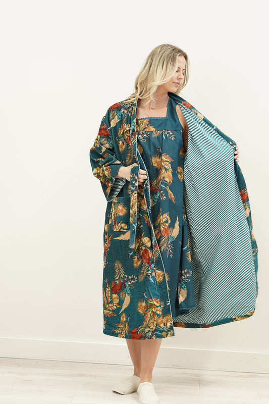 Autumn Leaf Petrol Blue Velvet Robe