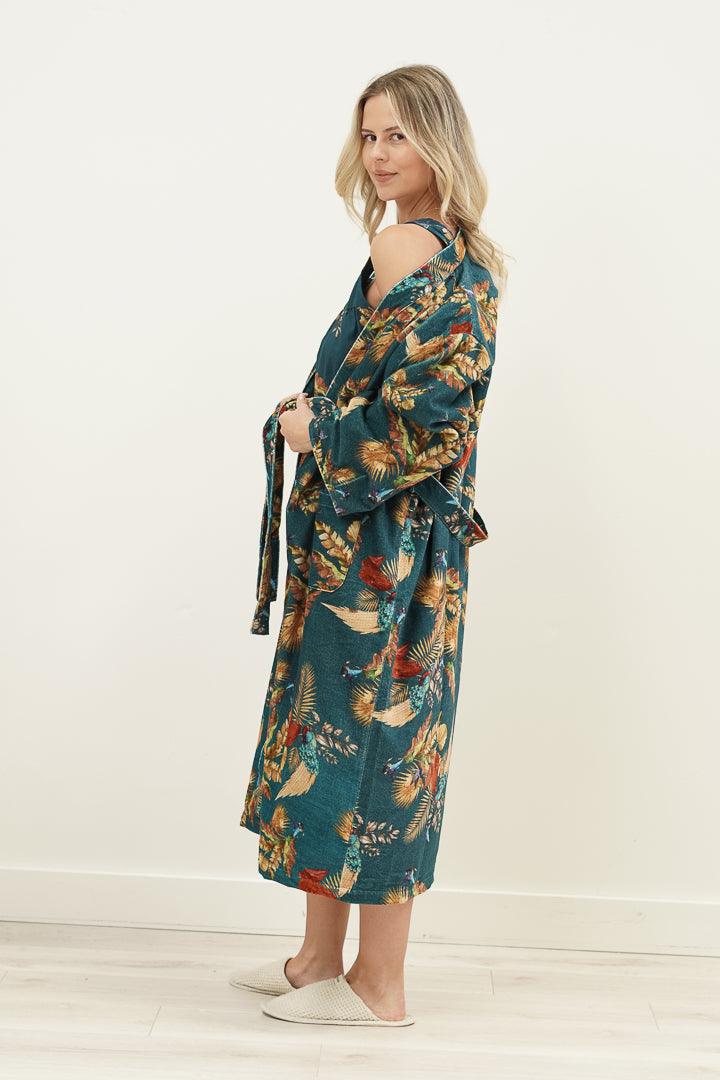 Autumn Leaf Petrol Blue Velvet Robe