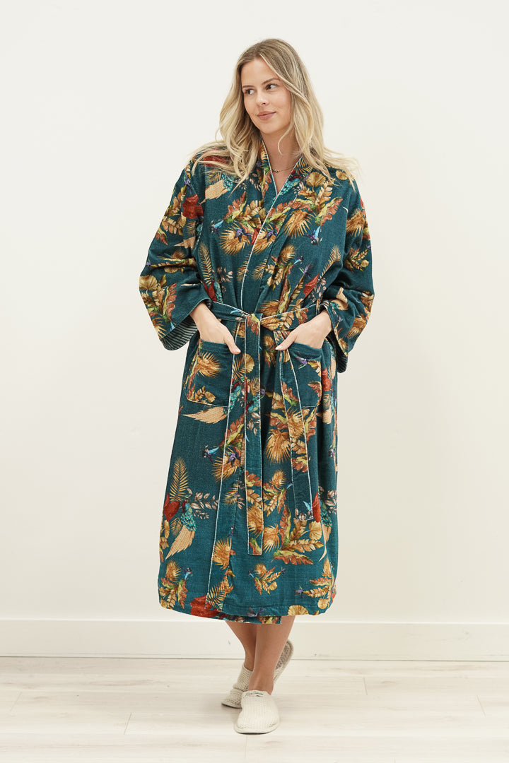 Autumn Leaf Petrol Blue Velvet Robe