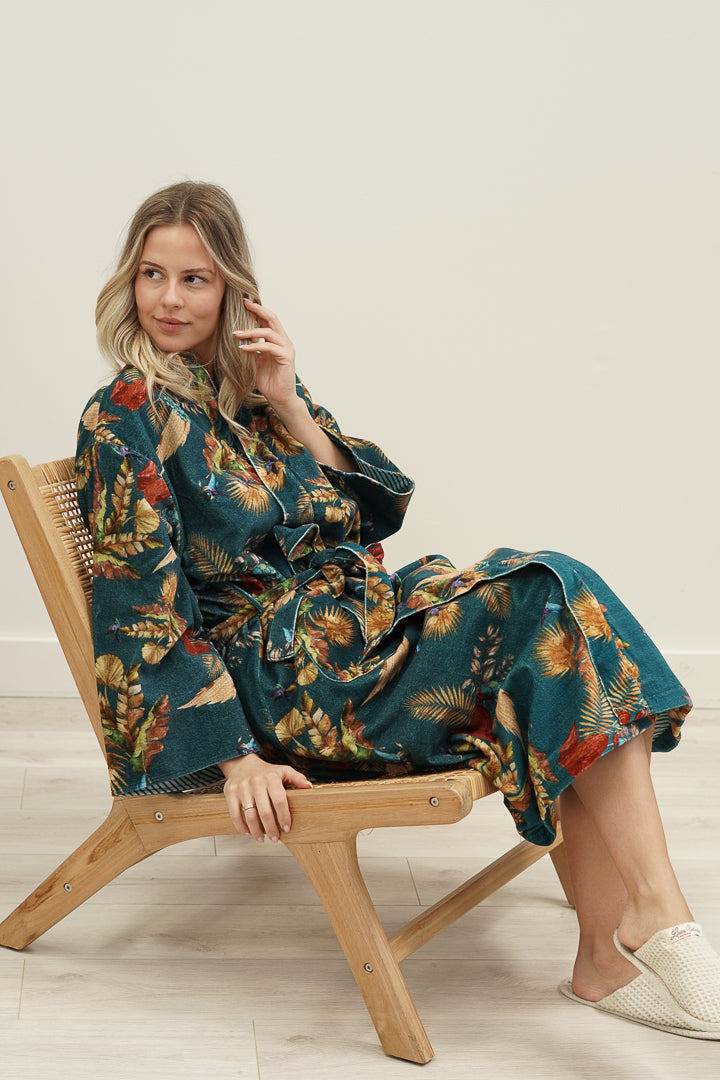 Autumn Leaf Petrol Blue Velvet Robe