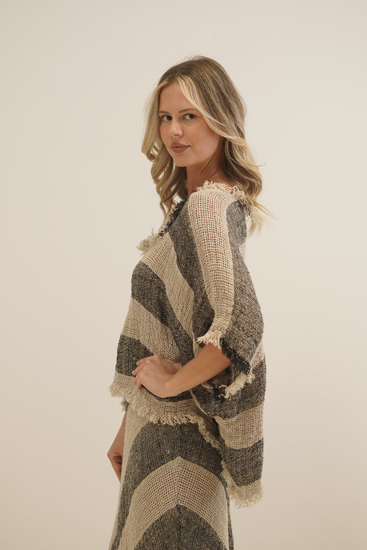 Sarita Fringed Top Natural & Black