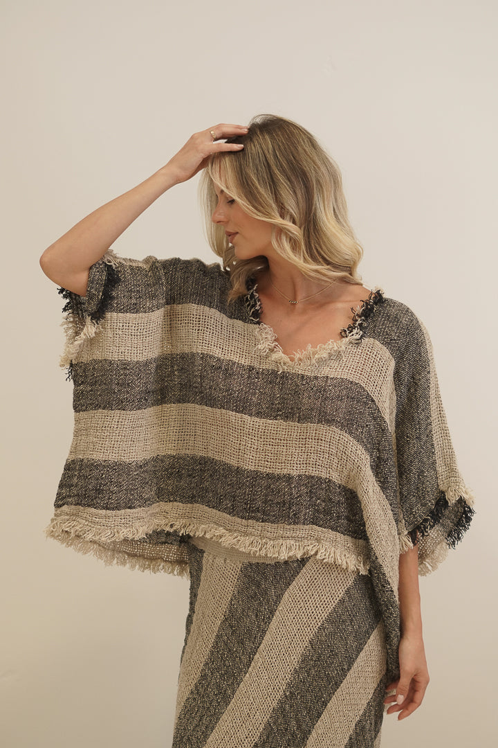 Sarita Fringed Top Natural & Black