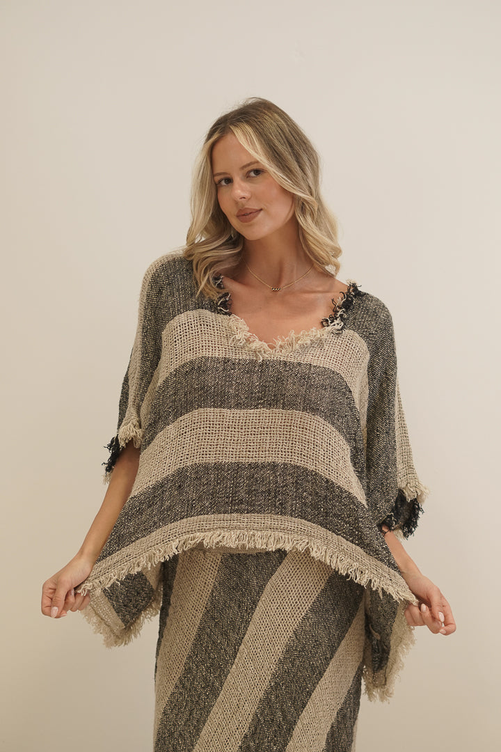 Sarita Fringed Top Natural & Black