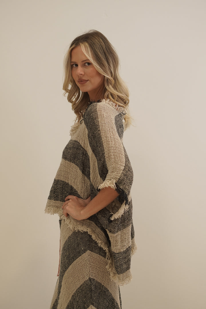 Sarita Fringed Top Natural & Black