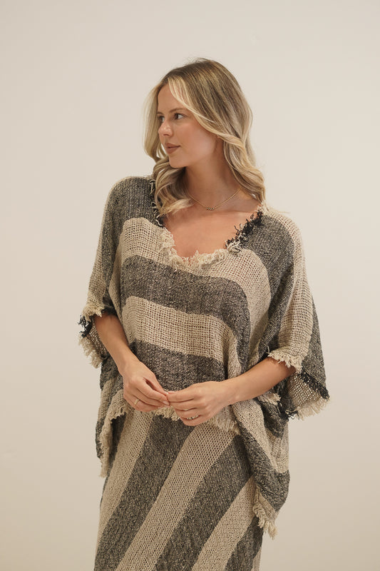 Sarita Fringed Top Natural & Black